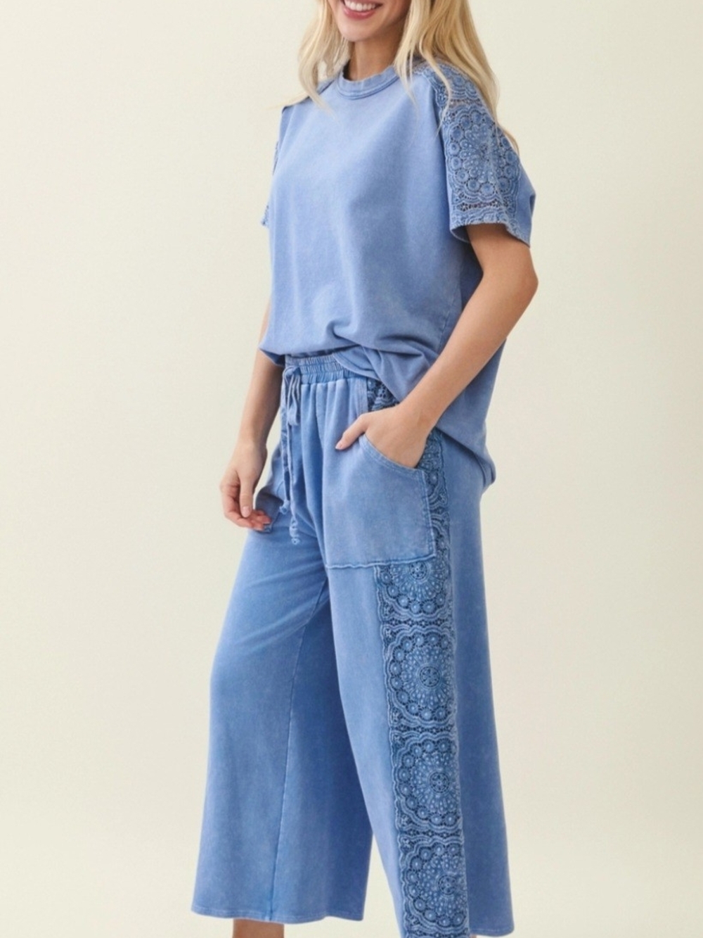 J Her Blue Mineral Wash Lace Floral-Panel Wide Leg Pants Set
